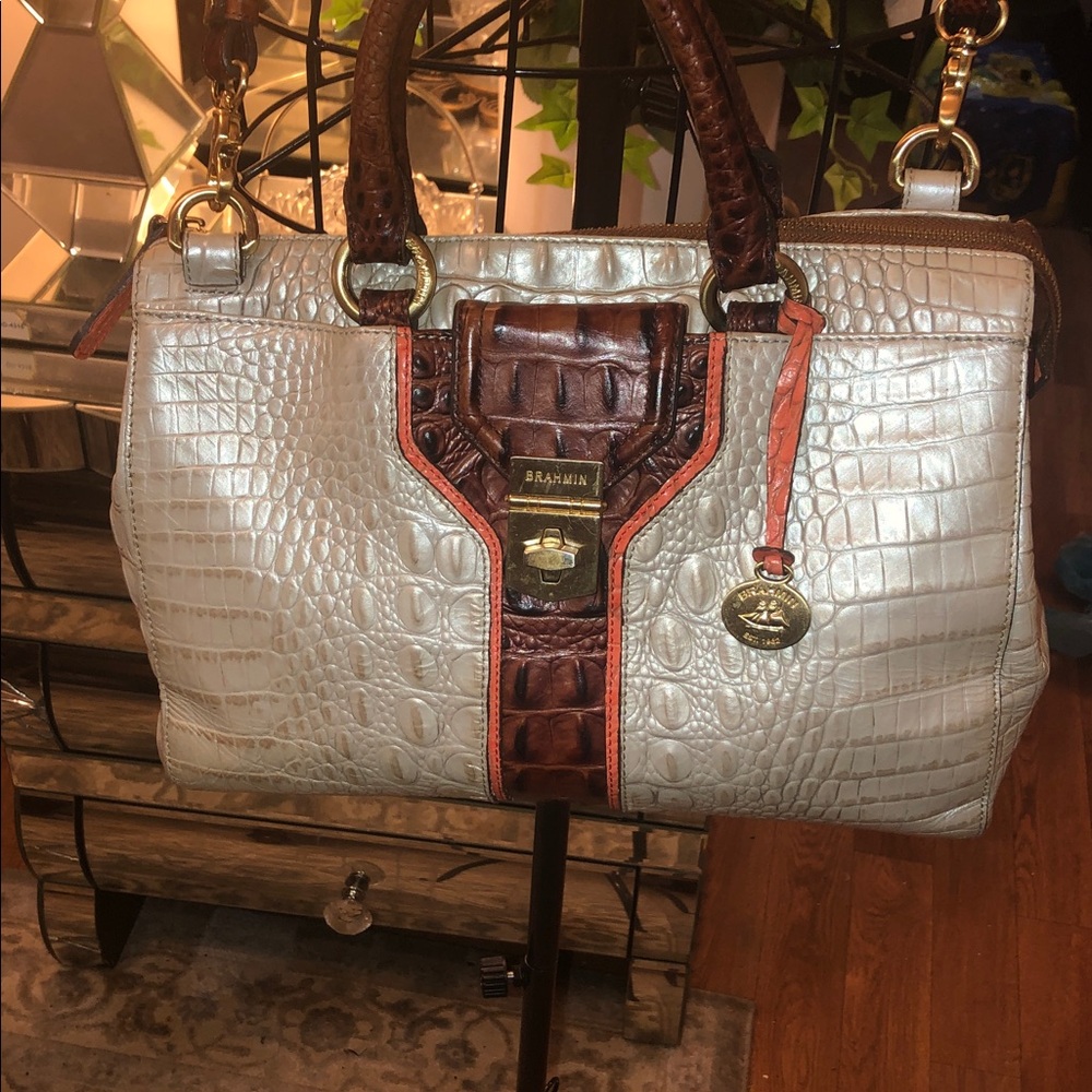 GORGEOUS Brahmin Tan and Brown Croc-Embossed Satchel